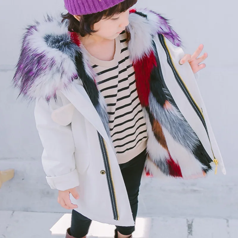 Dollplus/-30 градусов зимняя куртка пальто с мехом для девочек; детская одежда; теплая куртка с капюшоном пальто из искусственного меха девушки верхняя одежда Для мальчиков ясельного возраста куртка