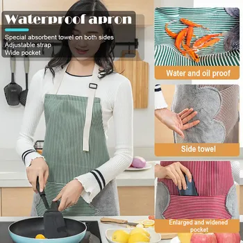 

Kitchen Water Oil Proof 2 Side Stitched Pocket Pinstripe Aprons Home Sleeveless Overalls Adjustable Cooking Cotton Aprons