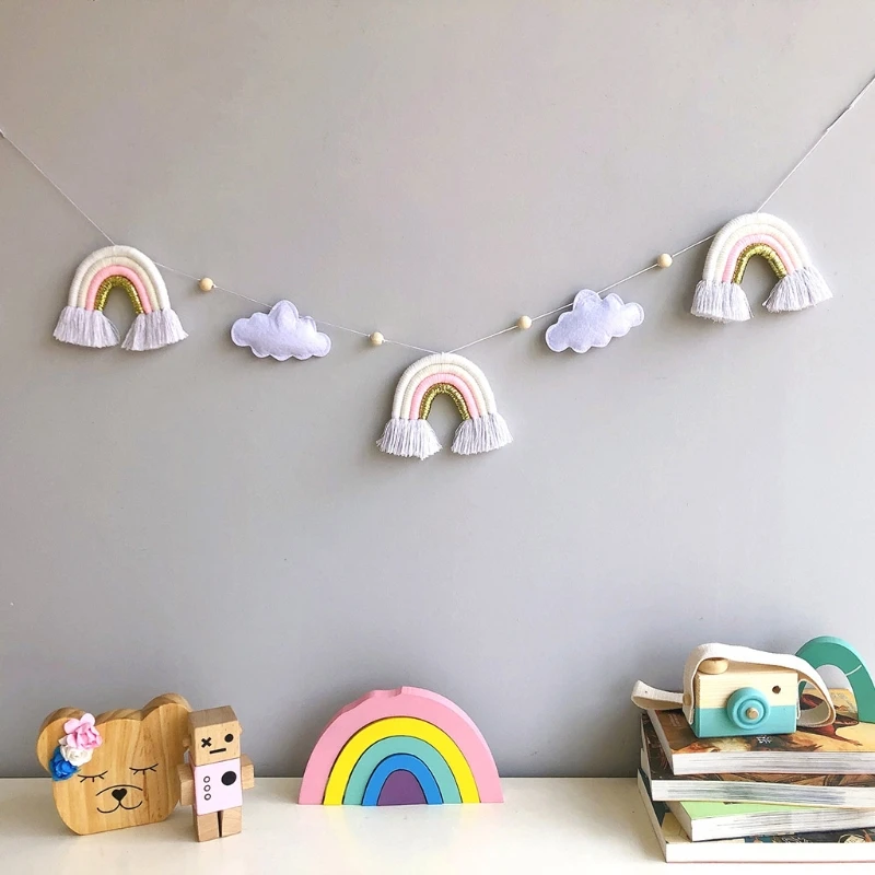 Nordic Wooden Beads Garland Felt Cloud Knitting Wool Rainbow Tassel Pendant Hanging Ornament Photo Shooting Props rainbow wall hanging decor