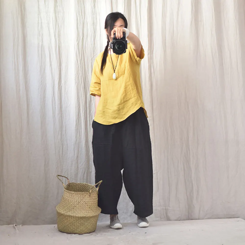 Women Loose elastic Waist ramie Wide Leg Pants Ladies 2022 Spring Summer Trousers female Embroidered Pants 4