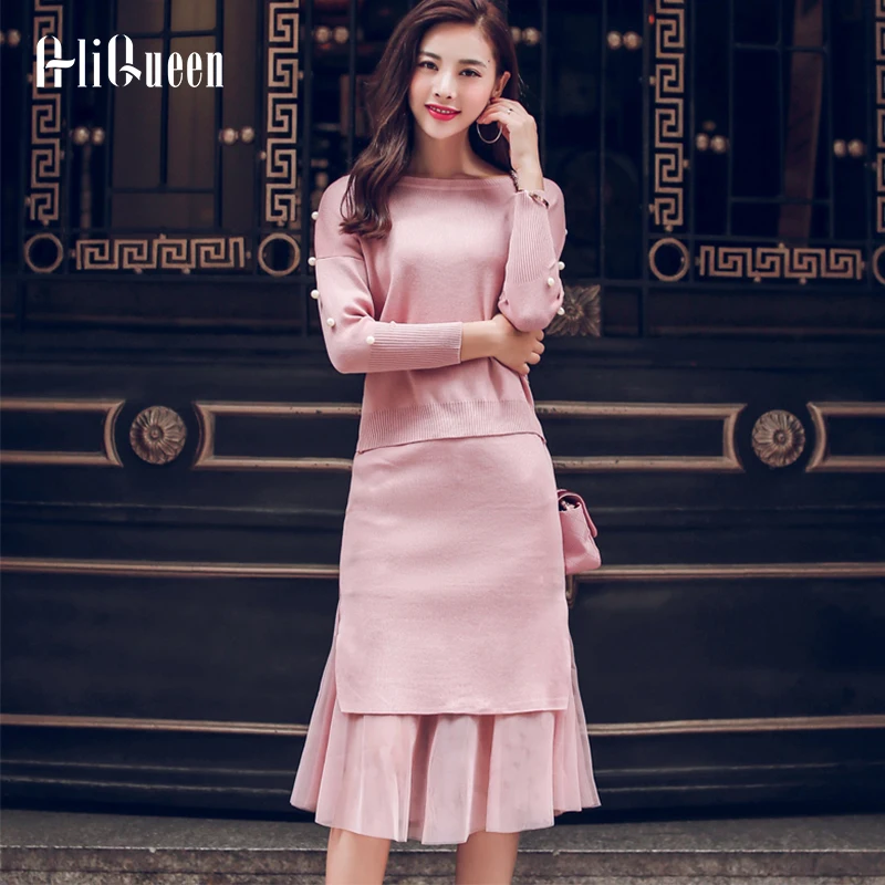 

Korean Autumn 2 Piece Outfits For Women Sweet Pearls Knit Sweater + Mesh Patchwork Knit Skirt Women Set Suit Elastic Plus Size