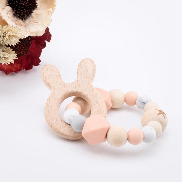1PC  Silicone Beads Teether  Wooden Beads  Bracelet Nursing Teething Toys BPA Free Beech Wooden Star Bracelet DIY Baby Teether 3