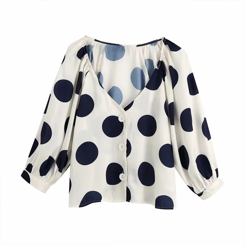

New Women's Fashion Polka Dot Shirt V-neck Lantern Sleeve Fold Decoration Female Long Sleeve Front Button Closure Chic Top BB