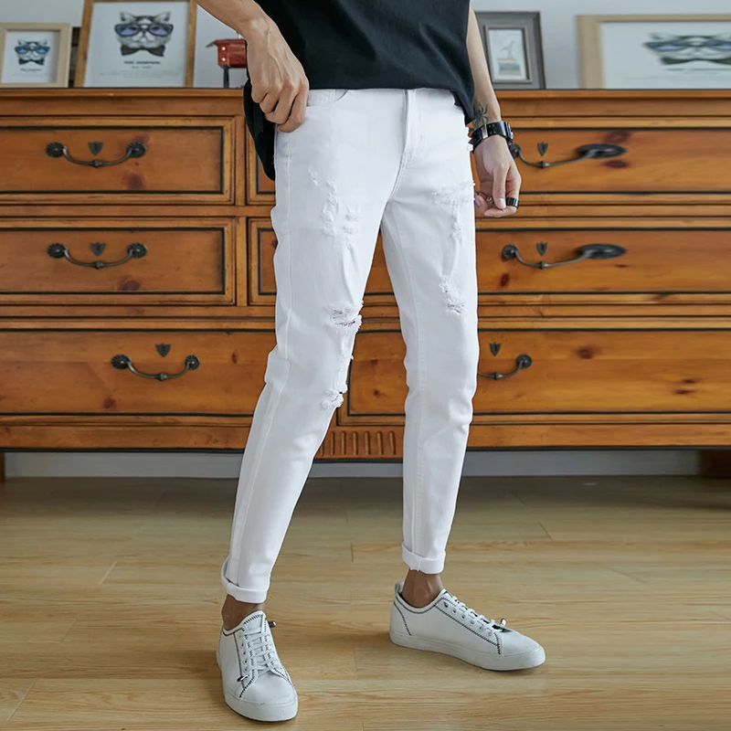 Pure cotton Men White Jeans Fashion Casual Classic Style Slim Fit Soft Trousers Male Brand Advanced Stretch Pants biker jeans