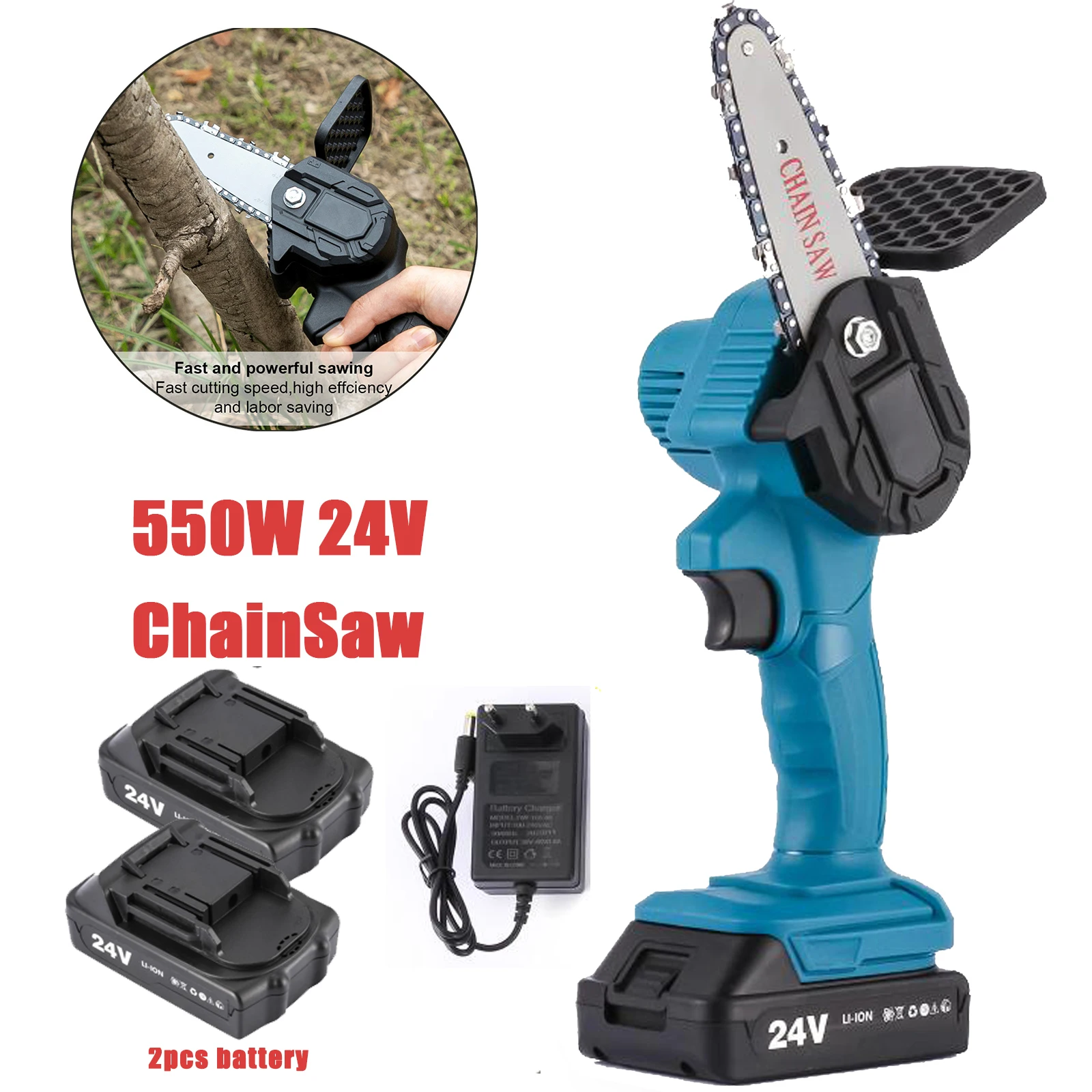 Mini Chainsaw，24V Cordless Electric Chain Saws with 2 Rechargeable Battery，Fast Charger，One-Handed Portable Mini Chainsaw Pruning Shears Chainsaw for Tree Branch Wood Cutting and Garden Blue 