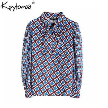 

Vintage Stylish Office Wear Print Blouses Women 2020 Fashion Bow Tie Collar Long Sleeve Female Shirts Blusas Mujer Chic Tops