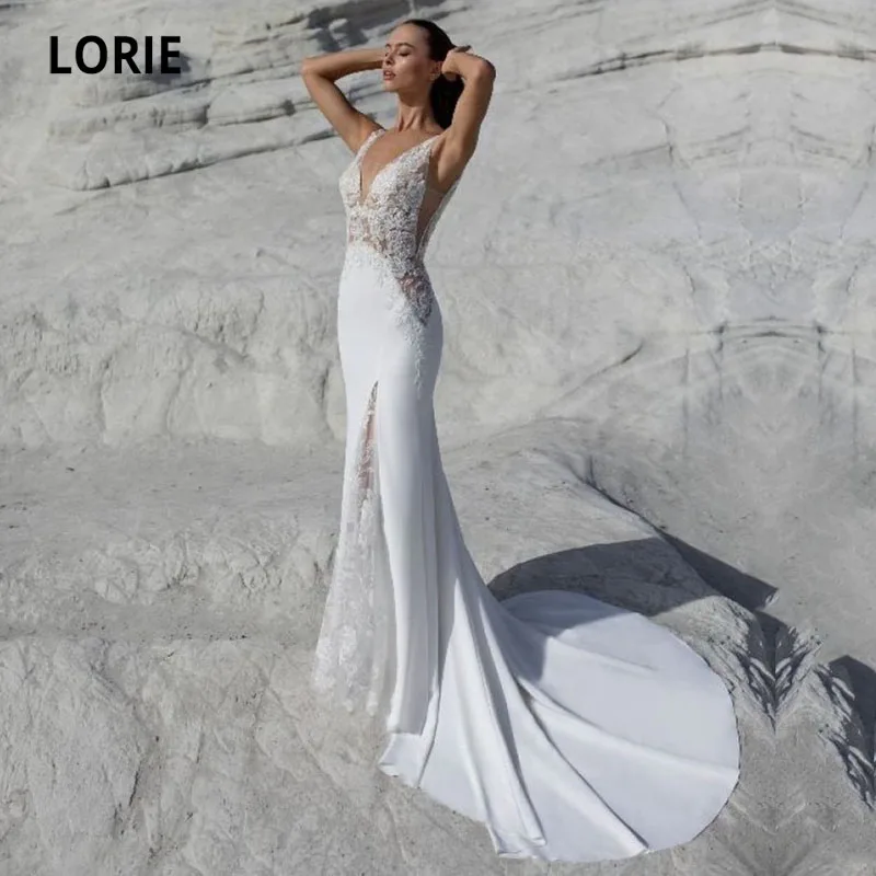 

LORIE Beach Wedding Dresses Appliques Lace V-Neck Soft Satin Summer Sexy Mermaid Boho Bride Gown 2021 vestidos de novia