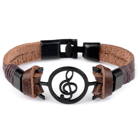 Punk Genuine Leather Musical Notes Bracelets For Men Women Black Brown Single Layer Simple Rope Viking Bracelet Jewelry