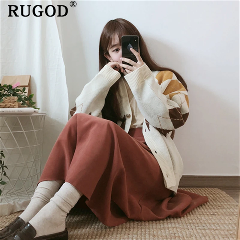 RUGOD вязаный кардиган женский корейский шикарный однобортный с длинным рукавом свободный свитер пальто Повседневный с принтом негабаритный кардиган