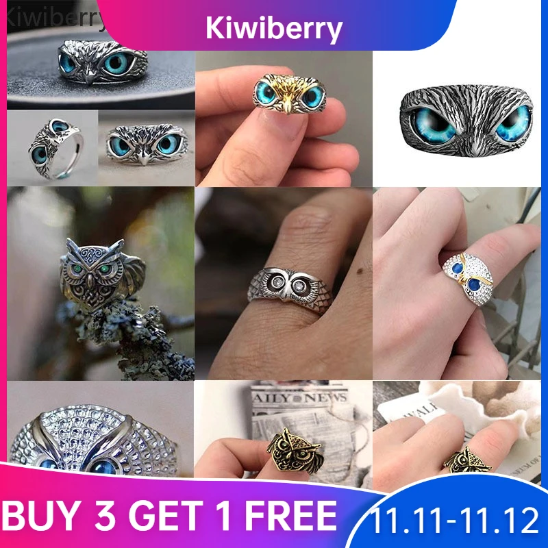 Винтажное кольцо Kiwiberry в виде совы стиле панк с голубыми глазами и демоном
