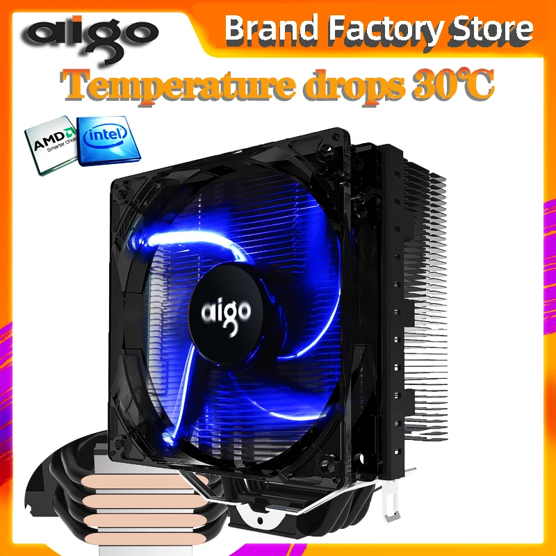 Кулер для процессора Aigo 120 мм 4 тепловые трубки радиатор AMD Intel 775/115/AM3/AM4 синяя
