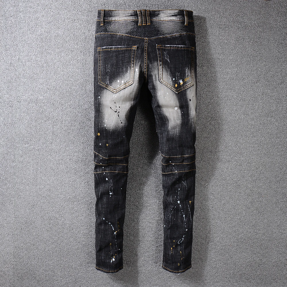 New Pants Men's Black Slim Fit Stretch Cotton Denim Biker Jeans for Moto Plus Size Painted Patchwork Straight Pants