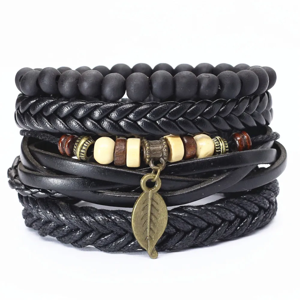 Beaded Leaf Scorpion Star Charm Weave Leather Bracelets Men Women Homme Femme Male Wood Jewelry 4 Pcs/set Wholesale | Украшения и