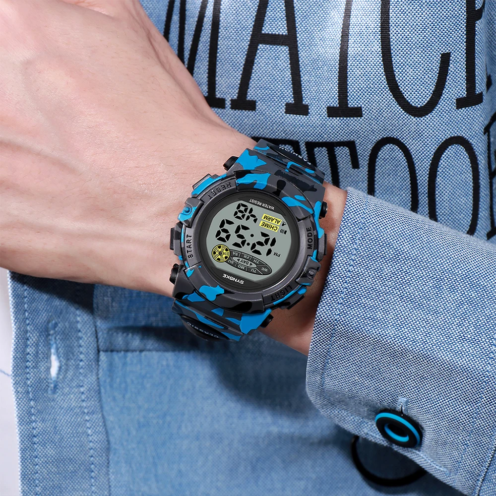 Synoke детские часы Военные Наручные Будильник Силиконовые светодиодные цифровые