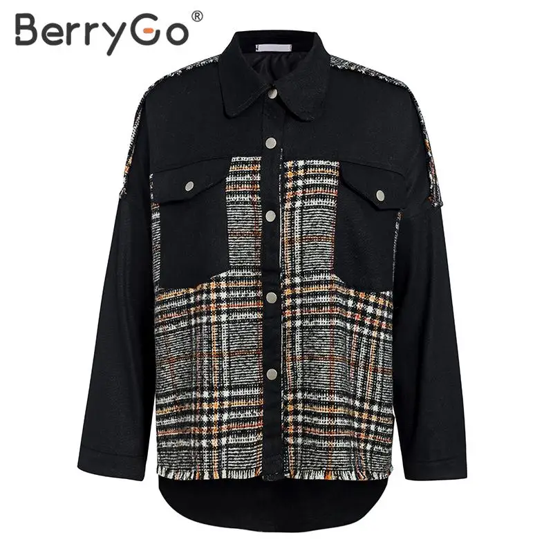 BerryGo, модная Лоскутная джинсовая куртка в клетку, женская уличная одежда, женские черные шикарные куртки на пуговицах, с карманами, Свободная Женская куртка, пальто
