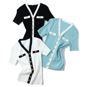 

Elegant Short Sleeve Cardigans Women Knitted Shirts 2020 Summer Hit Color V-neck Single Breasted Fake Pockets Slim Cardigan Tops