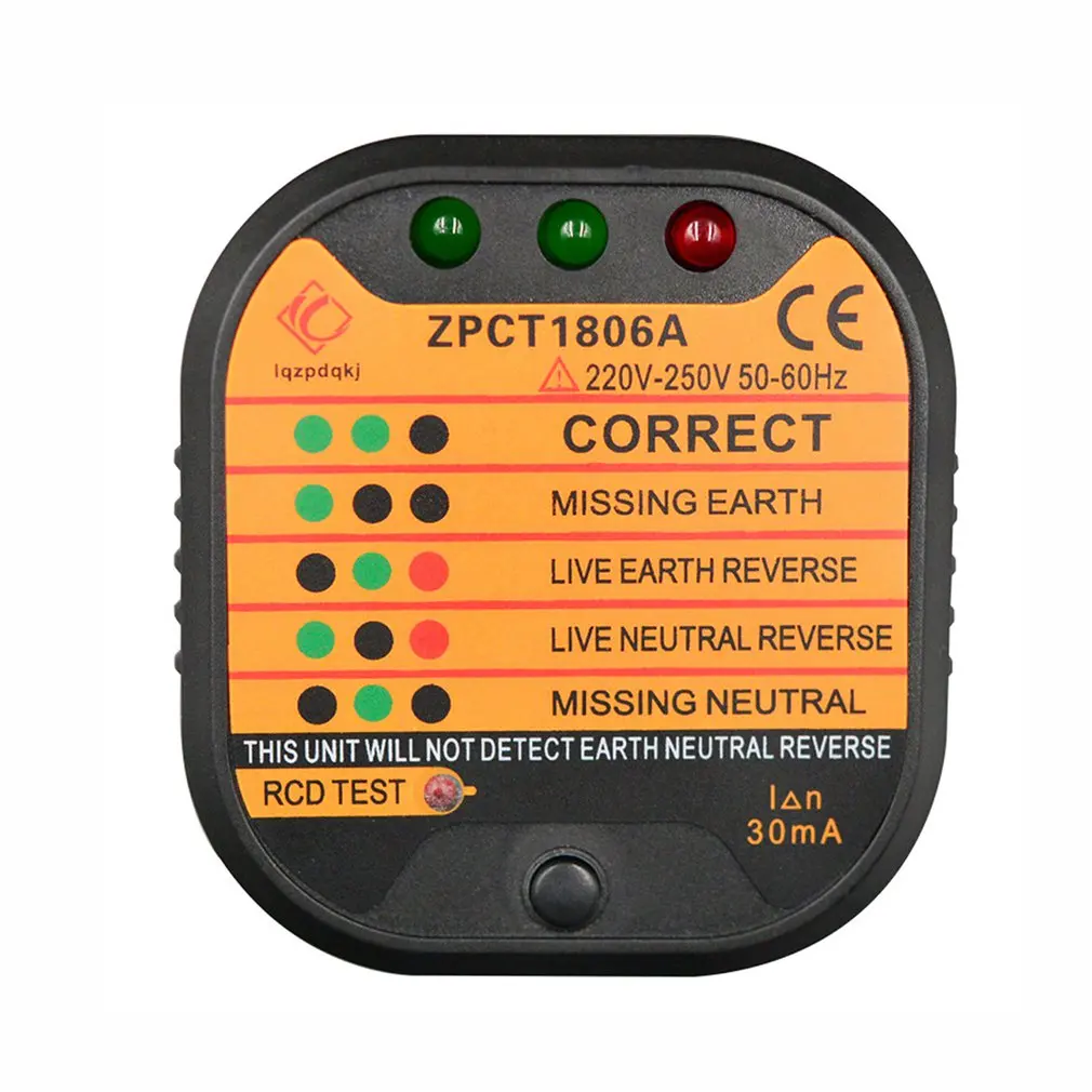 

ZPCT1806C Outlet Socket Tester Detector Circuit Polarity Voltage Plug Breaker US Ground Zero Line Switch Safety Electroscope