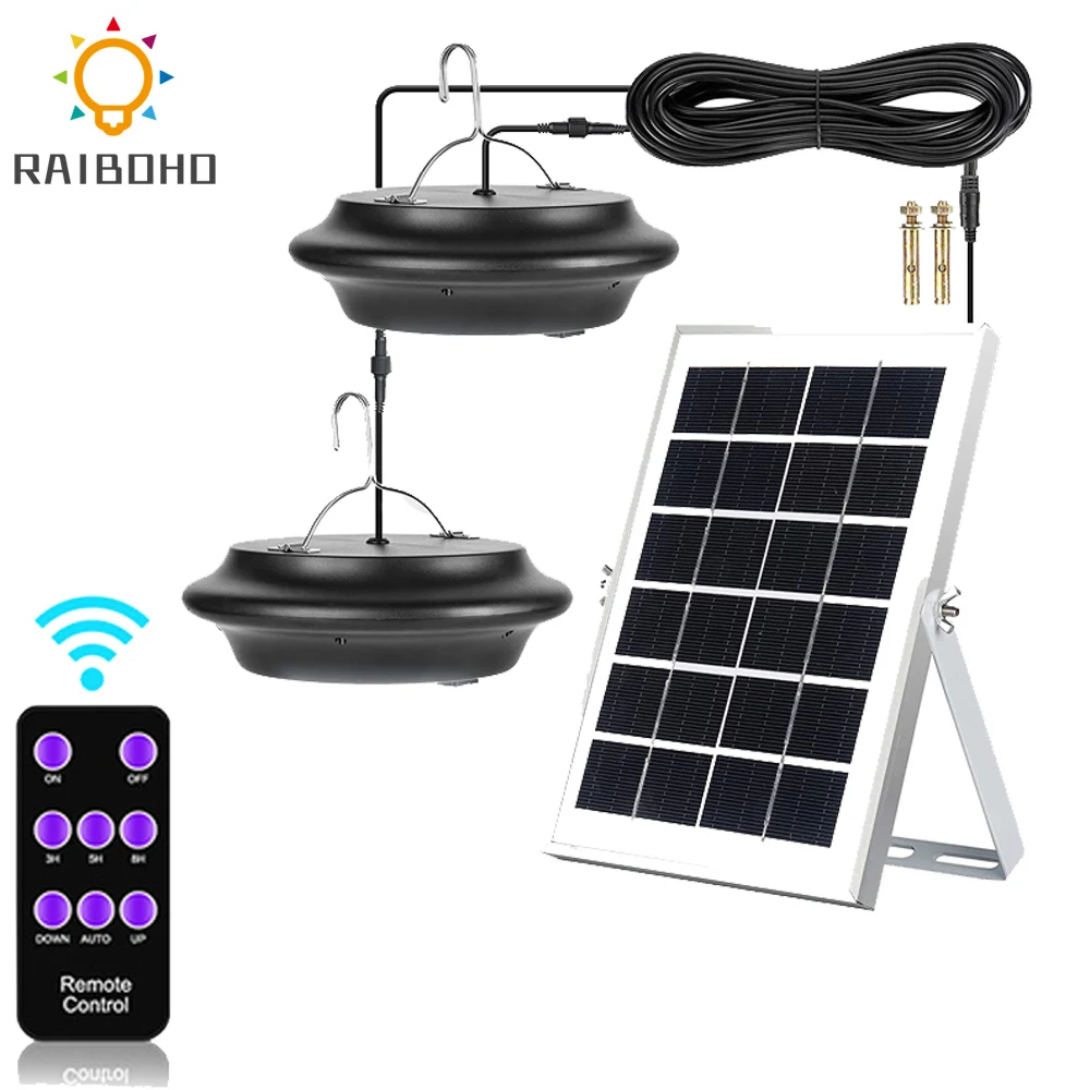 

Solar Pendant Light Outdoor IP65 Waterproof LED Double Head Shed Lantern with Dimmable Remote Control for Garden Patio Porch