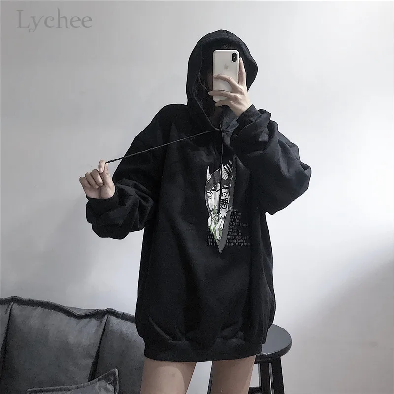 Lychee Harajuku Devil Girl письмо женские флисовые толстовки с капюшоном весна осень зима женские Топы повседневные свободные женские толстовки