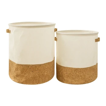 

Simple Cotton Linen Storage Bucket White Cork Leather Stitching Laundry Basket Waterproof Dirty Clothes Portable Folding Buckets