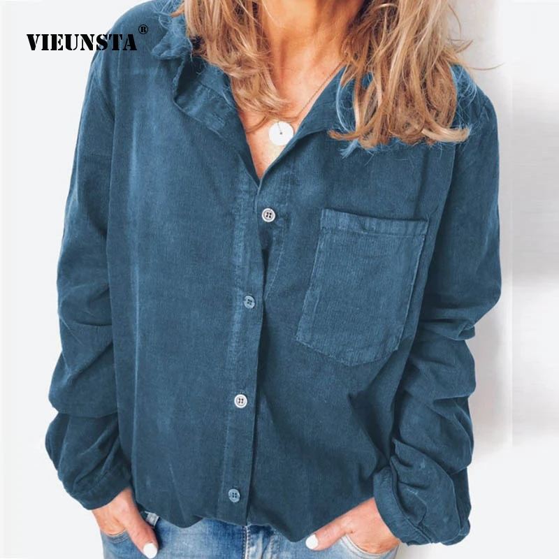 

VIEUNSTA Autumn Sexy Turn-down Collar Button Blouse Shirts Elegant Long Sleeve Cotton Linen Blouse Top Women Casual Pocket Blusa