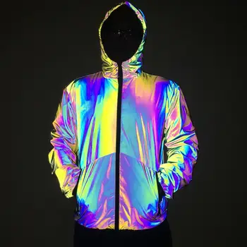 

Autumn winter men night colorful reflective hooded jacket casual windbreaker man hip hop jackets and coats