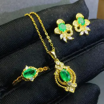 

Retro luxury Retro goldfish Natural green emerald jewelry sets natural gemstone ring Pendant earrings 925 silver women jewelry