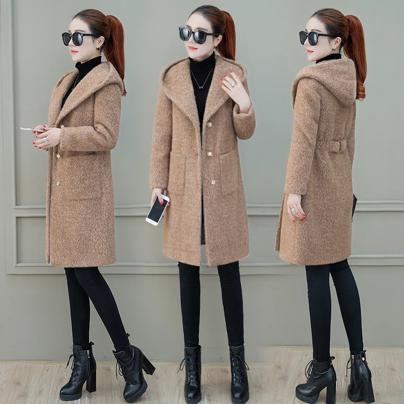 New Style Fashion Plush Coat Women's Winter Korean-style Loose Warm Elegant Goddess-Style Hooded Woolen Jacket