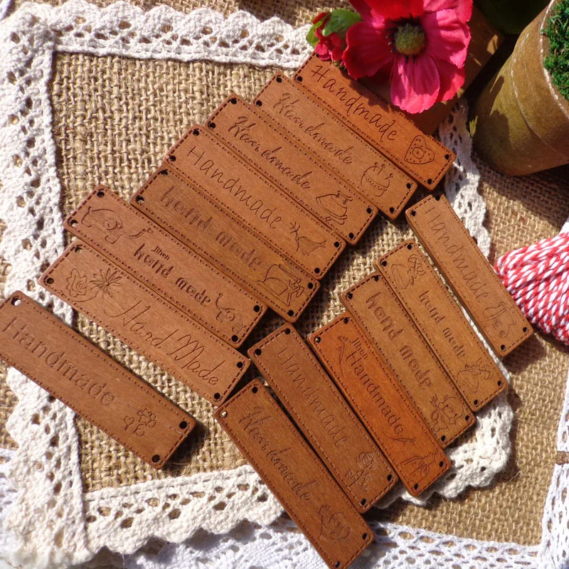 

10pcs Hand made wood Label Lovely Embossed Wooden Wood Sweater Button Hand Made Badges Sew-on Wood hand made card gift tag