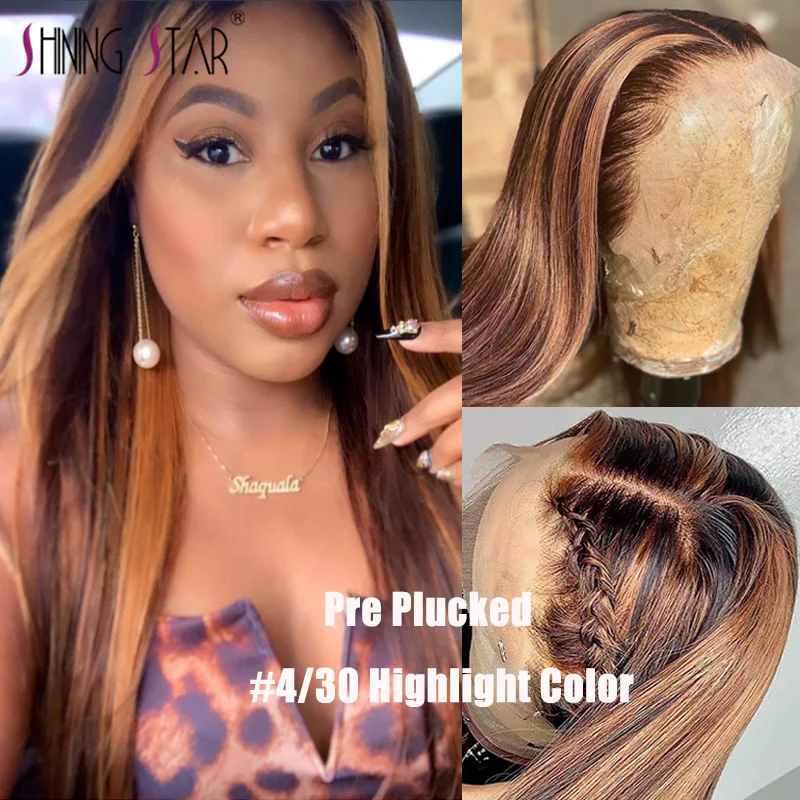 Perucas de Cabelo Dianteira do Laço Humano para Mulher Destaque Peruca Osso Reta Humano Ombre Colorido Marrom Brasileiro Frente 4 Cheap Apliques com cabelo humano
