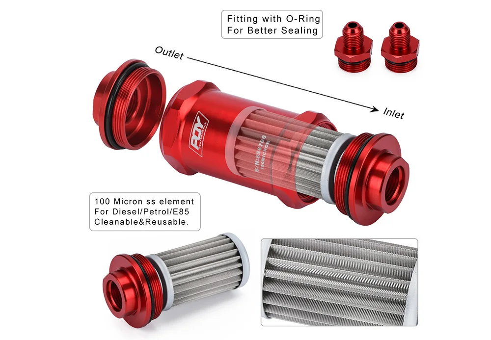 Filtro de Combustível Etanol com Elemento de Aço Mícrons e Adesivo Inoxidável de 100 Inline Pqy E85 Hypertune-an6 - An8 An10 14 Hypertune-an6 an8 an10 inline pqy filtro de