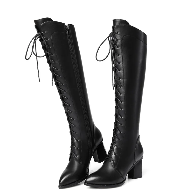 EGONERY/Женская обувь г. Зимние теплые новые модные сапоги до колена из натуральной кожи с острым носком обувь на молнии с перекрестной шнуровкой Прямая - Цвет: black