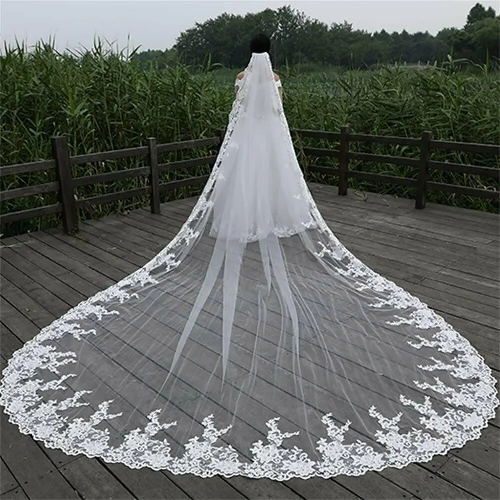 Luxury ivory long lace bridal veil with comb 3.5m 1-layer cathedral wedding veil wedding accessories