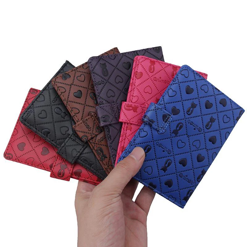 

Unisex Embossing Cat Heart Passport Holder Cover Cute Buckle and ID Card Bags Business Black Passport Wallet Organizer