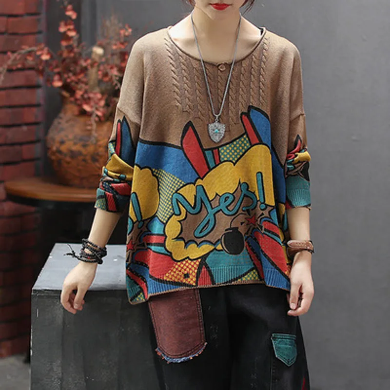 

Streetwear Creative Hand-painted Knitted Pullovers Autumn Outerwear Loose Harajuku Abstract Womens Sweater Long-Sleeved Pull New