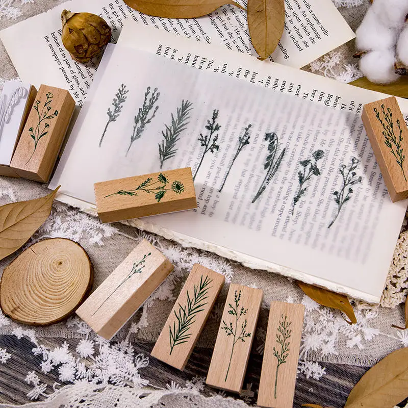 Деревянные и резиновые штампы комплект винтажные растения цветы поделки
