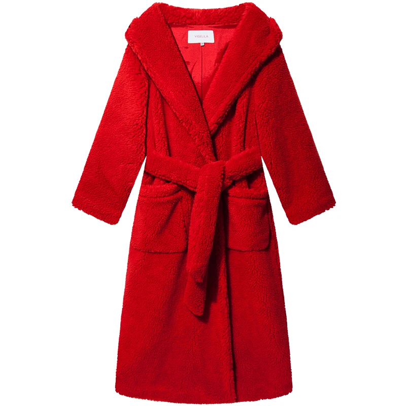 YIGELILA Winter Solid Red Coats Full Sleeves Teddy Thicken Warm With Belt Coats Outerwear With Pokets Fashion Coats 9920