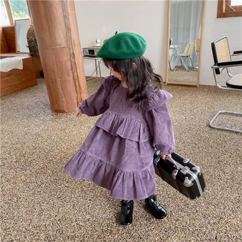 

2020 Winter Girls Padded Corduroy Ruffled Princess Dress Toddler Kids Long Sleeve Solid Color Cotton Fashion Plus Velvet Dresses