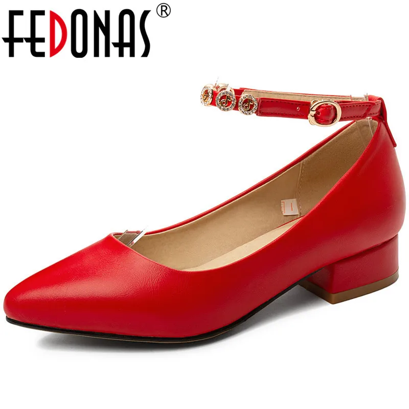 

FEDONAS High Quality 2020 Spring Summer Women Thick Heels Working Rhinestone Pumps Slip On Leather New Fashion Shoes Woman