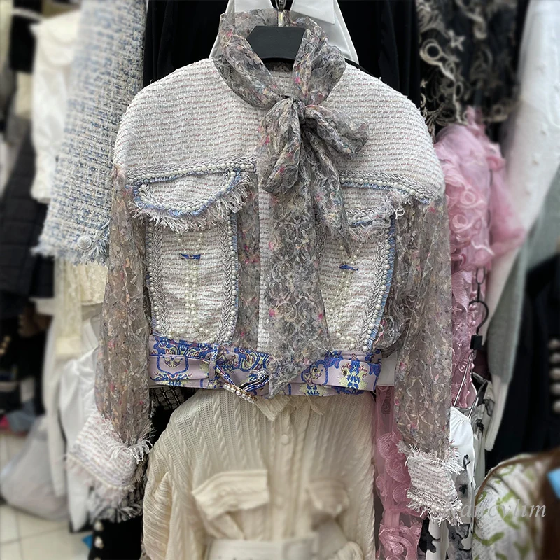 

Short Jacket for Women Retro 2021 Spring New Lady's Bow Collar Beaded Tassel Tweed Patch Lace Shirt Coat Korean Style