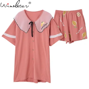 

Two Pieces Pajamas Set Womens Cotton Short Sleeve Sweet Girls Pyjama Summer Sleepwear Loose Cute Top & Shorts Pijama P05316B