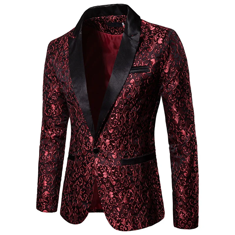 Черный Жаккардовый блейзер с бронзовым цветочным принтом для мужчин, роскошный бренд, пиджак на одной пуговице, мужской костюм для свадебной вечеринки, сценический костюм, Homme, 2XL - Цвет: Wine Red