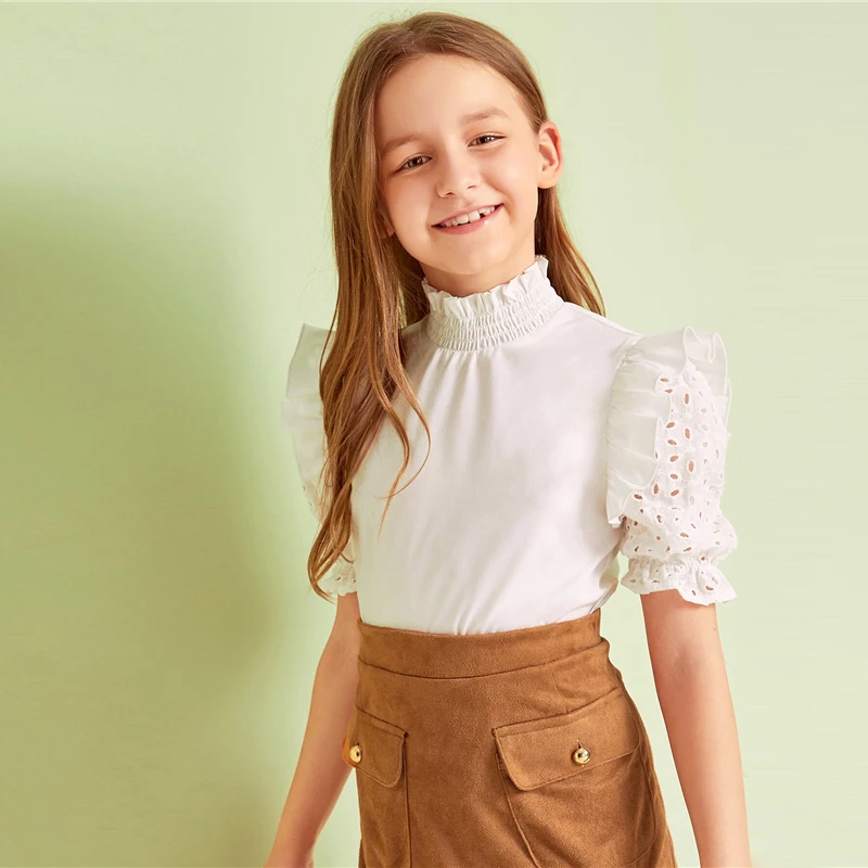 SHEIN Kiddie White Shirred High Neck Ruffle Girls Cute Blouse Summer Puff Sleeve Frill Eyelet Embroidery Kids Blouse Tops