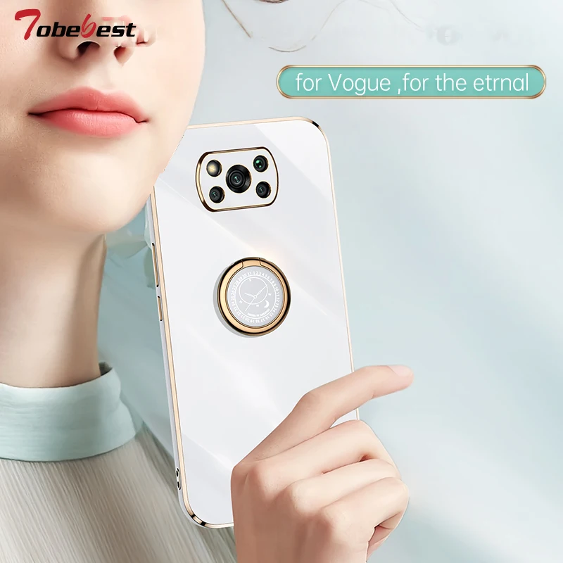 Finger Ring Plating Phone holder Case for Xiaomi POCO X3 NFC Pro Coque Straight edge Stand Silicone Soft Back Cover_voghion.com