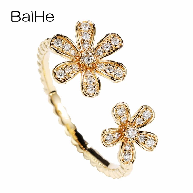 BAIHE Solid 14K желтое золото 0.13ct Сертифицированный H/SI круглая огранка натуральные бриллианты свадебные женские модные ювелирные изделия кольцо
