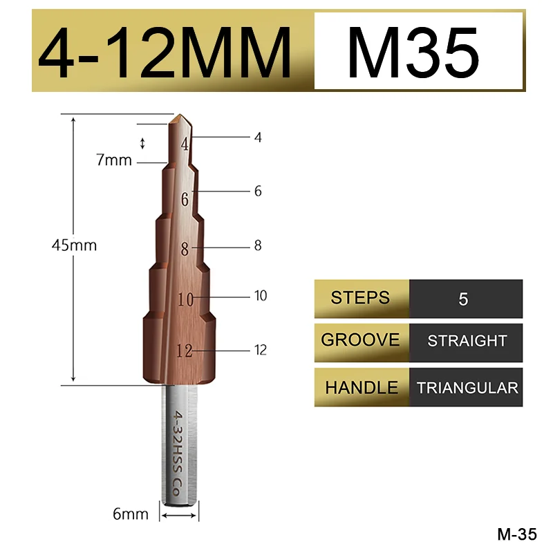 M35 4-12 UCHEER Hss стальное титановое ступенчатое сверло с треугольным хвостовиком 4-12/4-20/4-32 шнековое сверло - Длина режущей кромки: M35 4-12