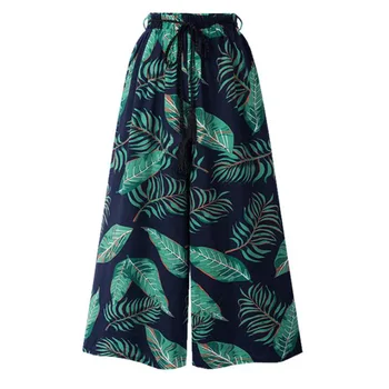 

Leaf Print Wide Leg Pants Women Summer Elastic Waist Harem Pant Casual Ankle Length Loose Bohemian Beach Trousers Pantalon Femme