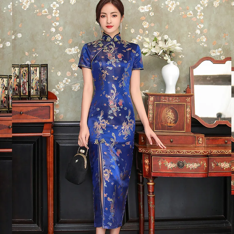 Women Sexy Qipao 2021 Summer New Short Sleeve Chinese Style Satin Dress Elegant Mandarin Collar Cheongsam Vintage Vestidso