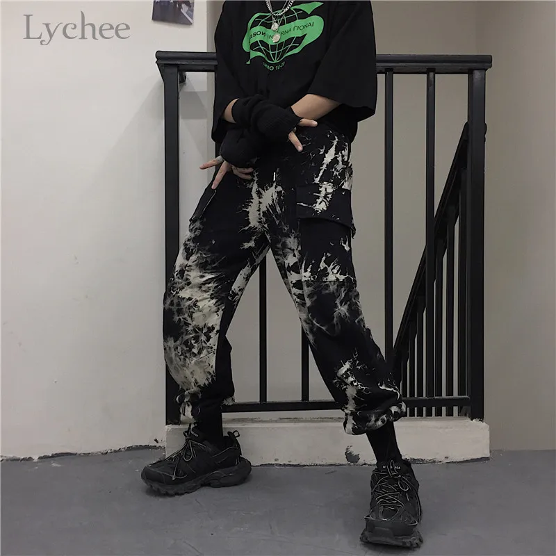 Black Lychee Harajuku Tie dying женские штаны с эластичным поясом свободные женские спортивные штаны для бега повседневные осенние женские брюки карго - Цвет: Black