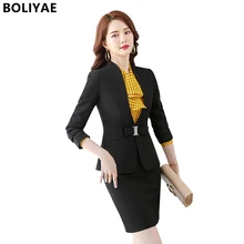 Boliyae Office Suit for Women's Trouser Suit Autumn Winter New Long Sleeve Elegant Blazers and Skirt 2 Piece Stes Formal Jacket